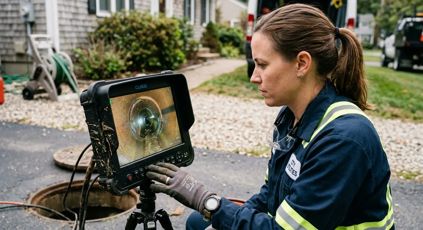 Technician reviewing sewer camera inspection footage in Landover
