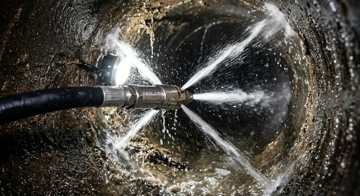 High-pressure hydro jetting nozzle cleaning sewer pipe for Trenchless Sewer Repair in Landover