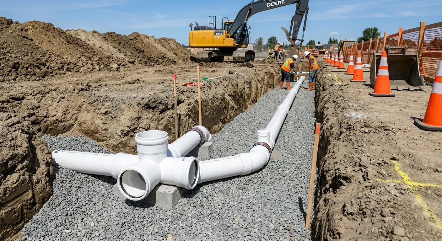 New PVC sewer pipe installation in open trench for Commercial Drain Cleaning in Landover