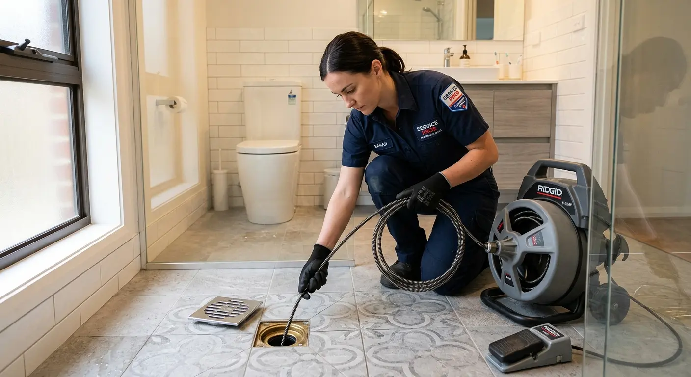 Technician clearing a bathroom floor drain for Sewer Line Replacement in Landover